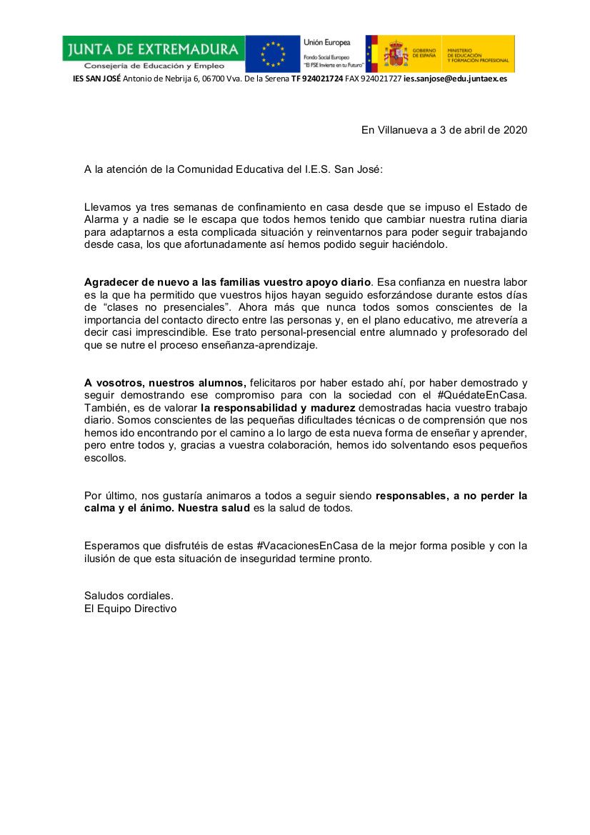 CARTA AGRADECIMIENTO COMUNIDAD EDUCATIVA