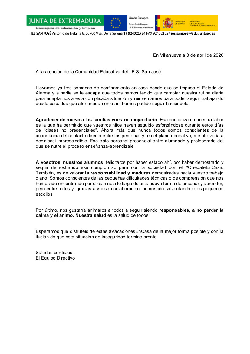 CARTA AGRADECIMIENTO COMUNIDAD EDUCATIVA